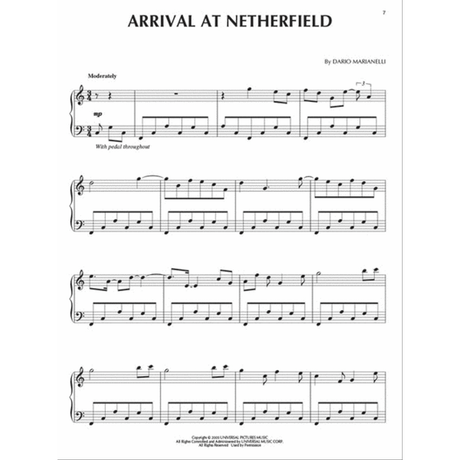 The image shows the first page of piano sheet music titled "ARRIVAL AT NETHERFIELD" by Dario Marianelli. It features the title, a "Moderately" tempo marking, a 3/4 time signature, and the instruction "With pedal throughout." The score includes treble and bass clefs across four systems, with copyright credited to Universal Music Corp. The style suggests a lyrical, film soundtrack or neoclassical piano piece.