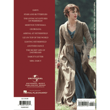 The image shows a music book for the 2005 film "Pride and Prejudice," published by Hal Leonard. The cover lists soundtrack tracks like "Dawn," "Georgiana," and "Darcy's Letter," alongside a picture of Keira Knightley as Elizabeth Bennet. This piano/vocal/guitar songbook features Dario Marianelli’s orchestral score, arranged for various skill levels, making the film’s music accessible to musicians.