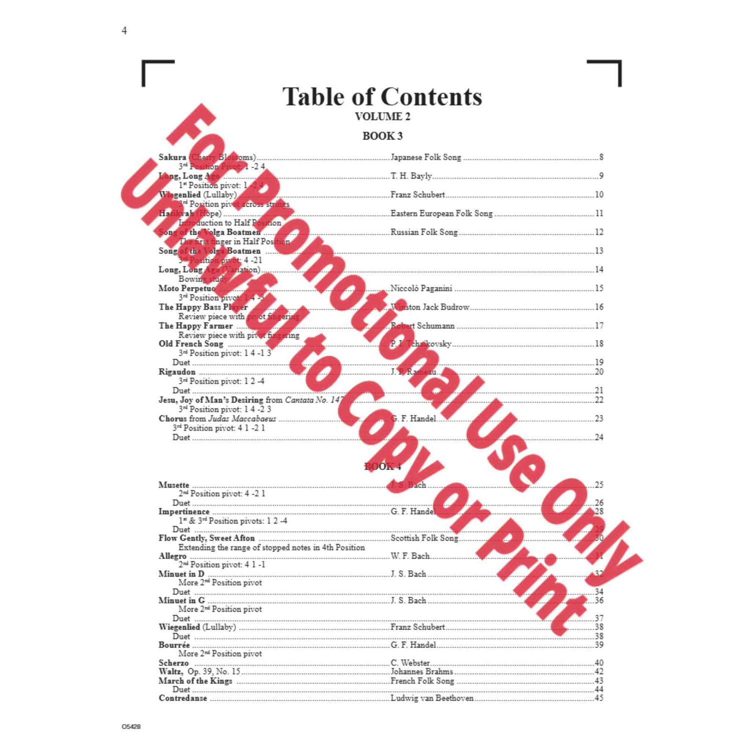 Table of contents for the double bass book, "Progressive Repertoire for the Double Bass- Volume 2. 