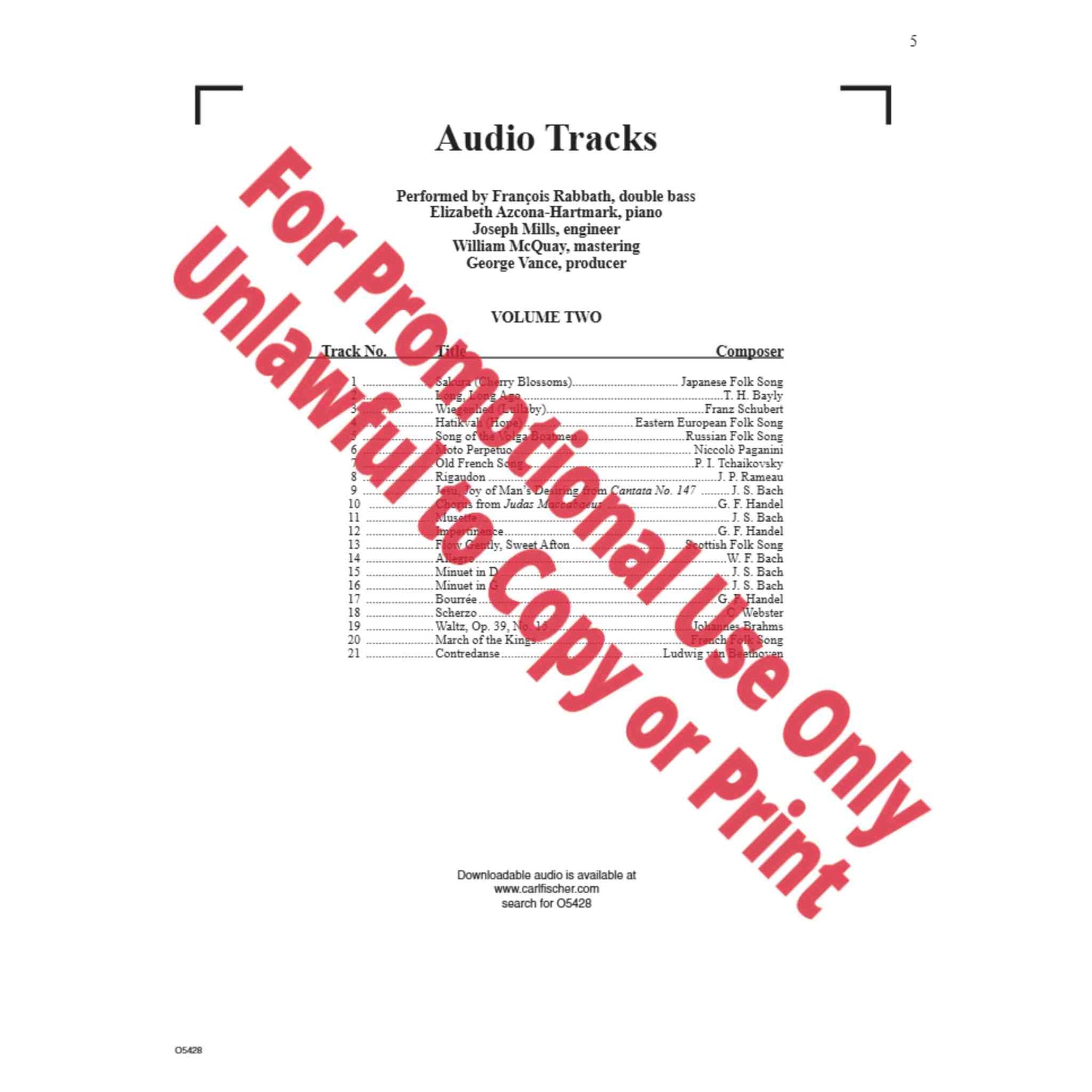 A list of the audio tracks in the book ,"Progressive Repertoire for the Double Bass- Volume 2."