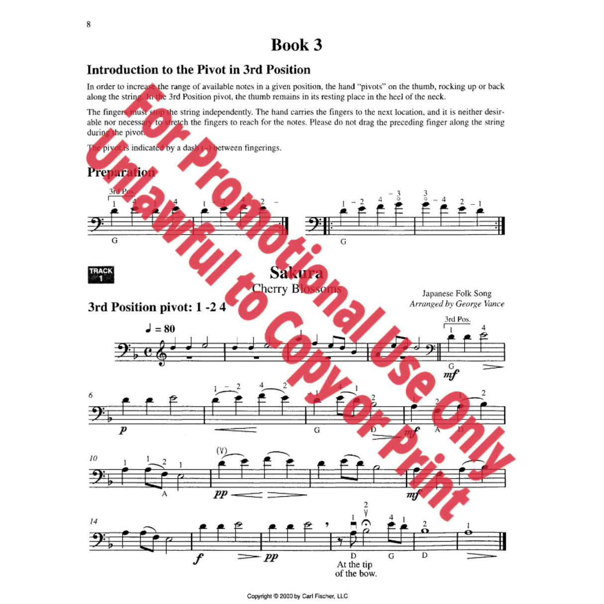 A page from a double bass music book introducing the 3rd position. 