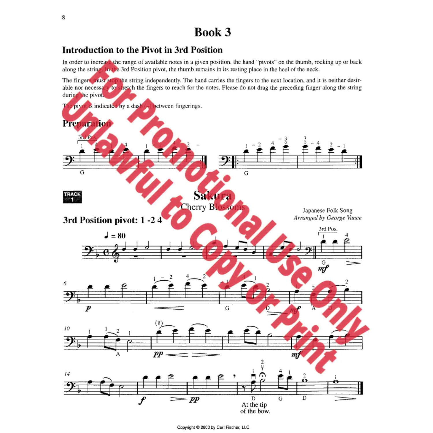 A page from a double bass music book introducing the 3rd position. 