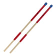 The image shows a pair of drum rods, also called bundled sticks or multi-rods, made of thin wooden dowels bound with red grip tape and featuring blue rubber tips. These percussion accessories offer a softer, controlled sound with good articulation, popular in acoustic and jazz settings. The red wrap secures the rods and provides grip, while the blue tips protect both the rods and drum heads during play.