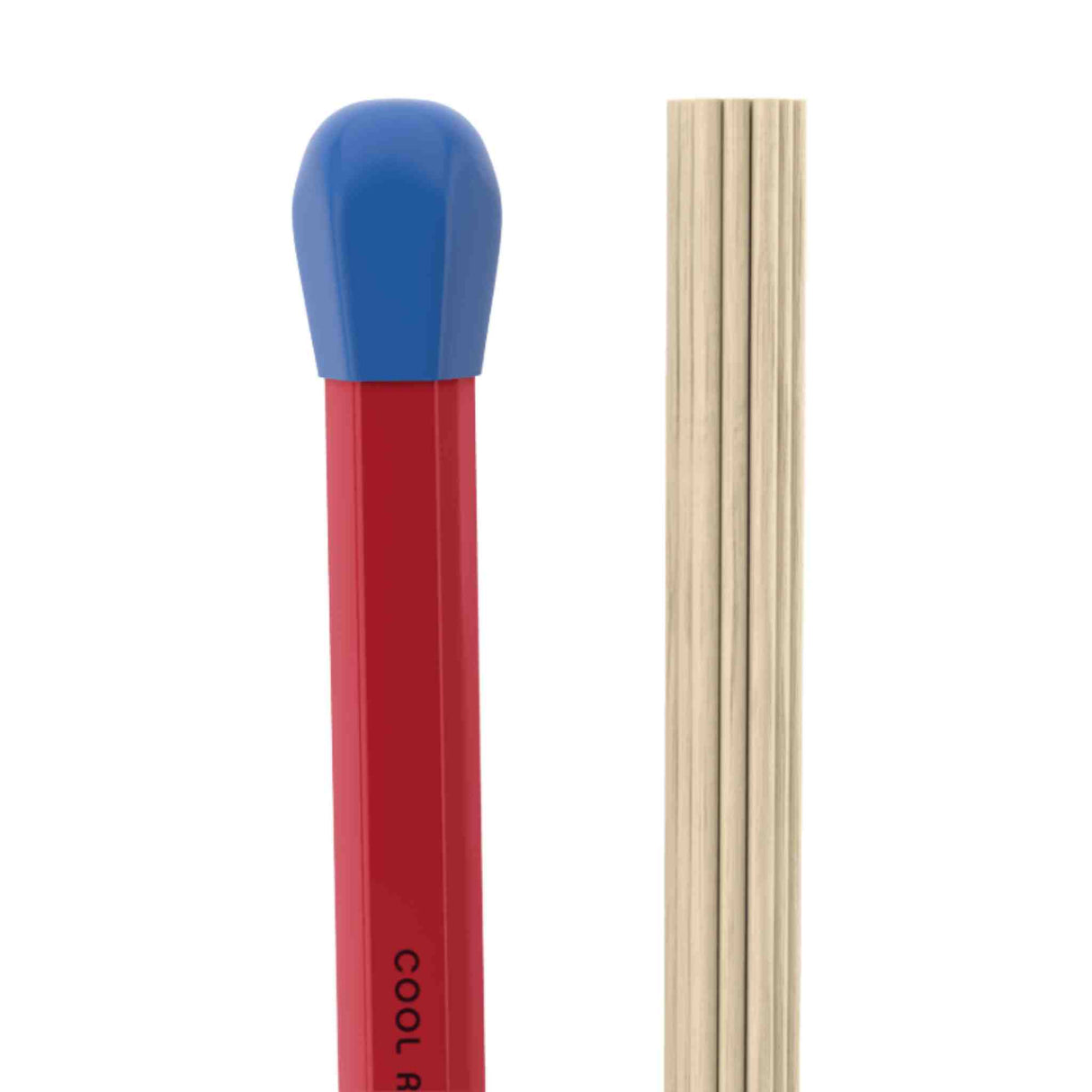 The image shows two types of percussion sticks: on the left, a red-handled mallet with a blue rounded head labeled "COOL," likely for mallet instruments like xylophones; on the right, a bundle of classic natural wood drumsticks for traditional drumming. The mallet produces softer tones, while the wooden sticks create sharper sounds on drums or cymbals.