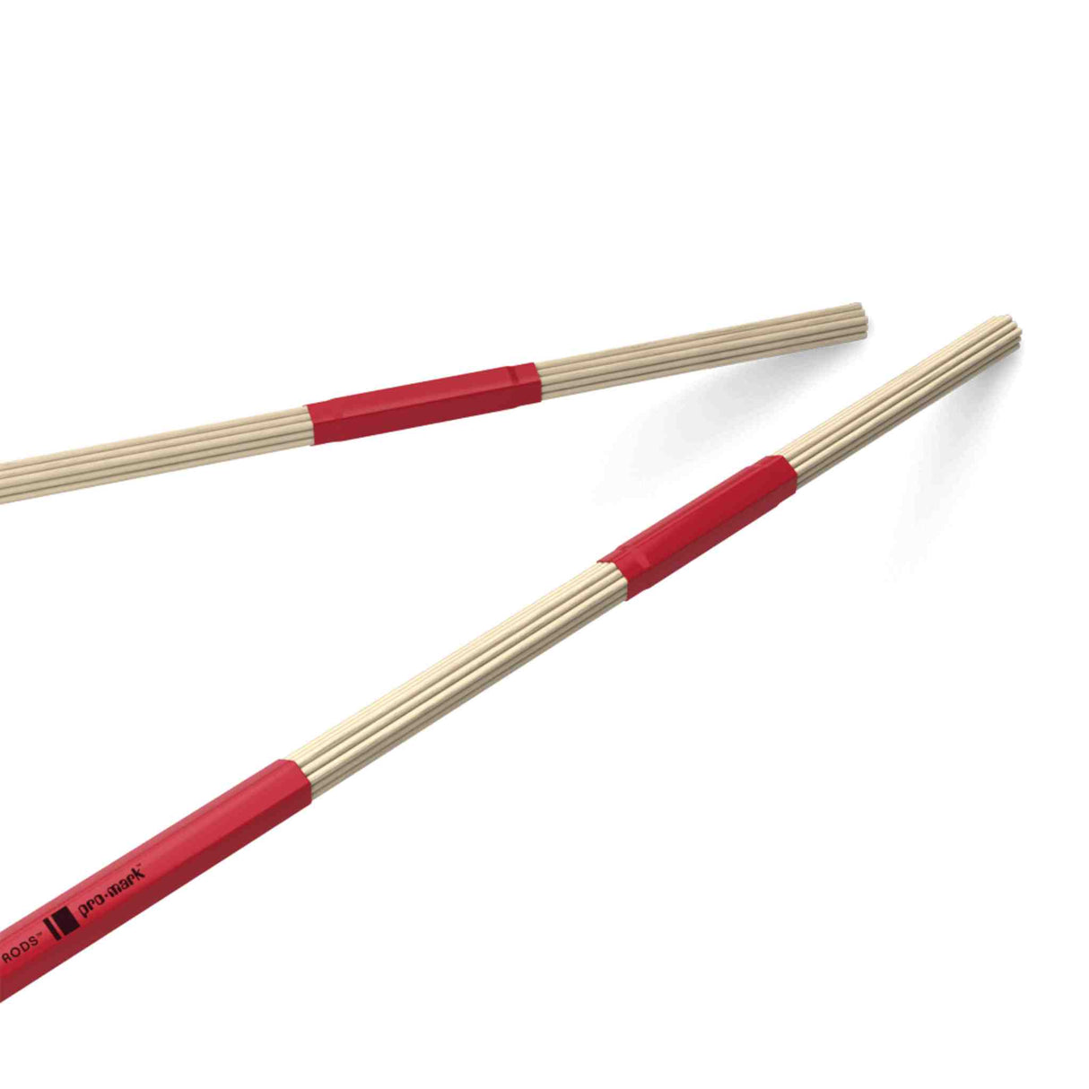 The image shows a pair of drum rods, percussion accessories made of multiple thin wooden dowels bundled together with red rubber grips. These rods offer a softer, quieter sound than traditional drumsticks, ideal for acoustic or jazz settings. The red grips hold the rods securely and provide a comfortable hold, making them popular professional-grade tools for controlled, subtle drumming.