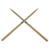 The image shows a pair of professional-quality wooden drumsticks made of light-colored wood, likely hickory or maple. Each stick has white nylon tips and dark bands around the shaft, probably for branding. The sticks are crossed in an X-pattern against a white background, appearing new or for display, suitable for various musical styles and drumming needs.