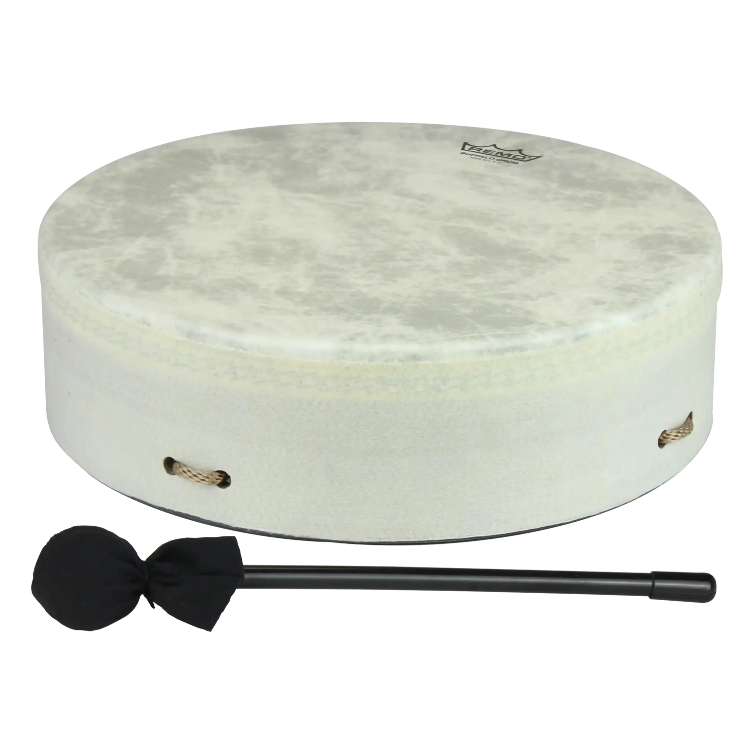 White drum with a black beater on a white background