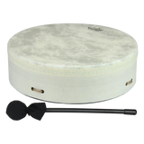 White drum with a black beater on a white background