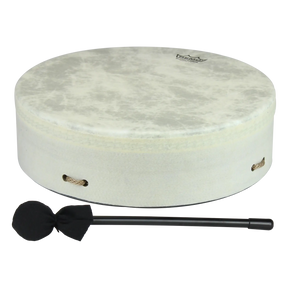 White drum with a black beater on a white background