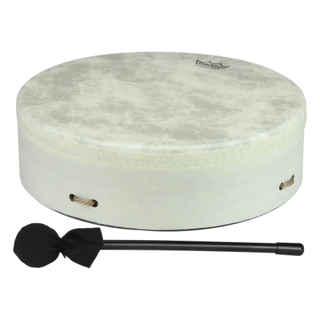 White drum with a black beater on a white background