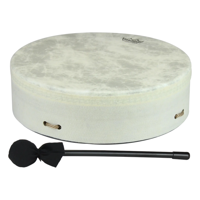 White drum with a black beater on a white background