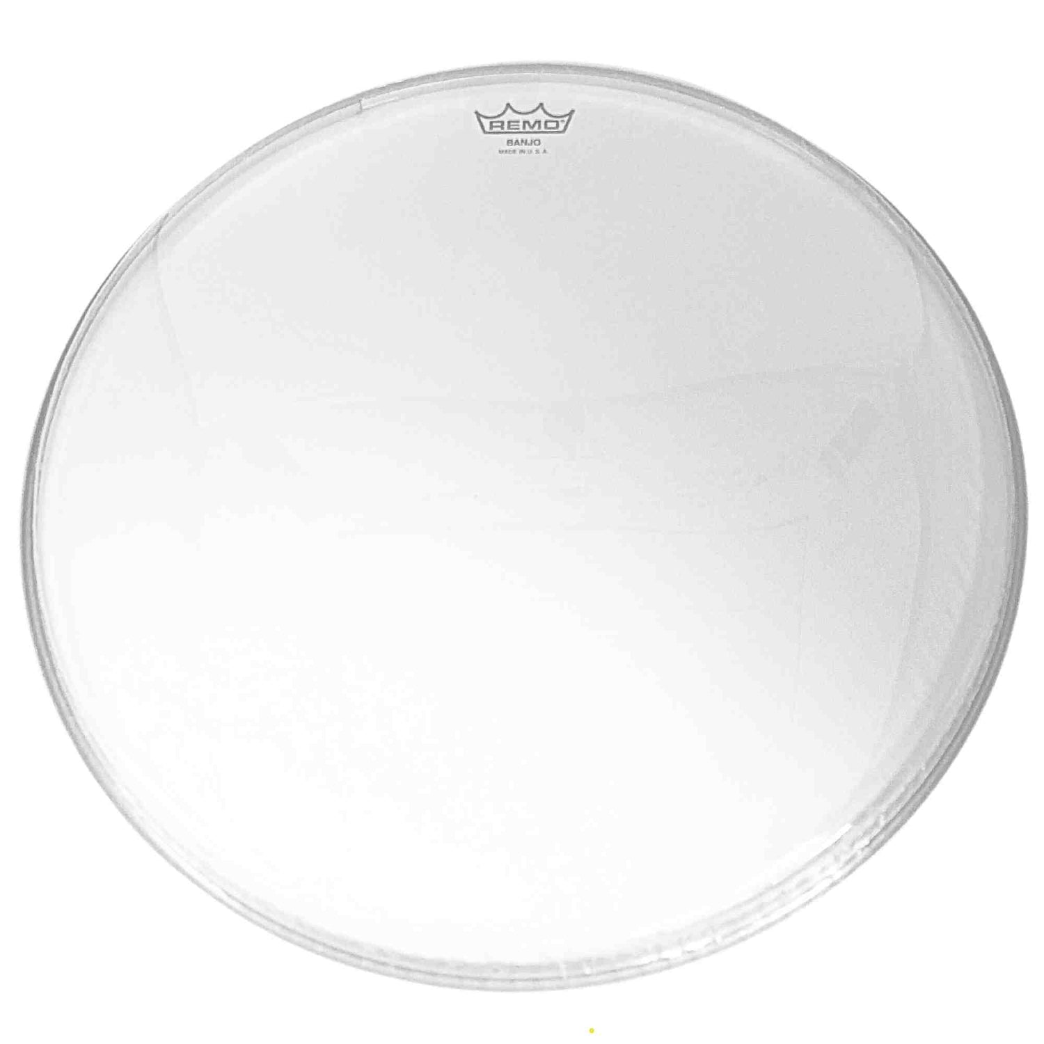 Clear banjo head with Remo logo on a white background