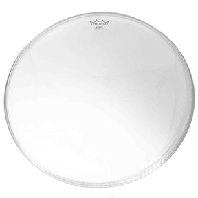 Clear banjo head with Remo logo on a white background