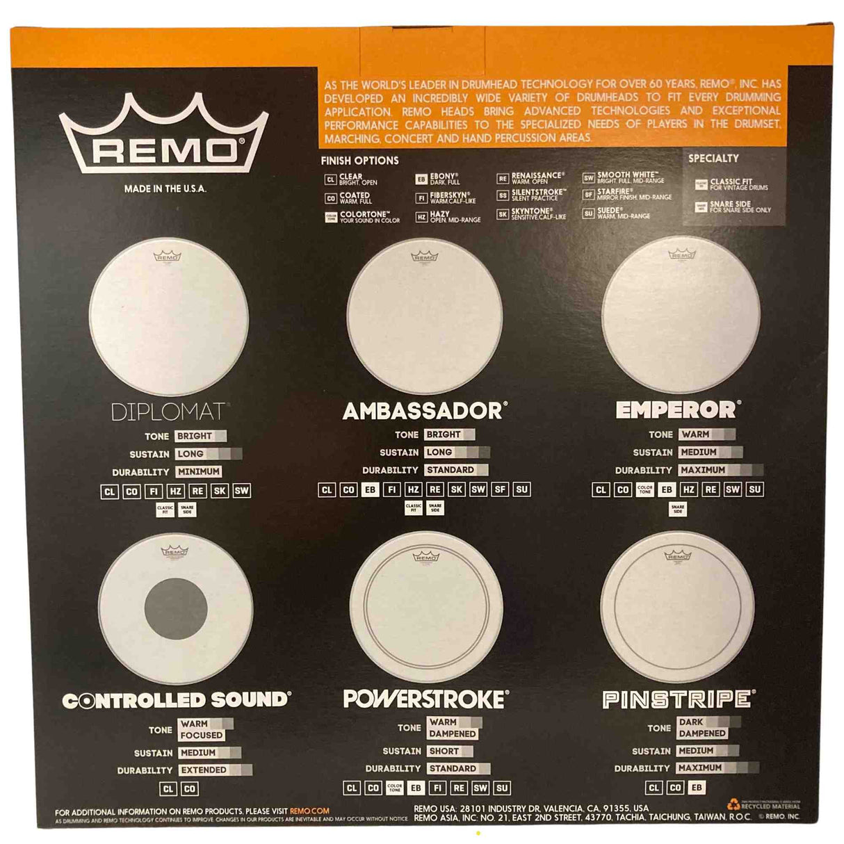 The back of a Remo box packaging with various drumhead types and finishes.