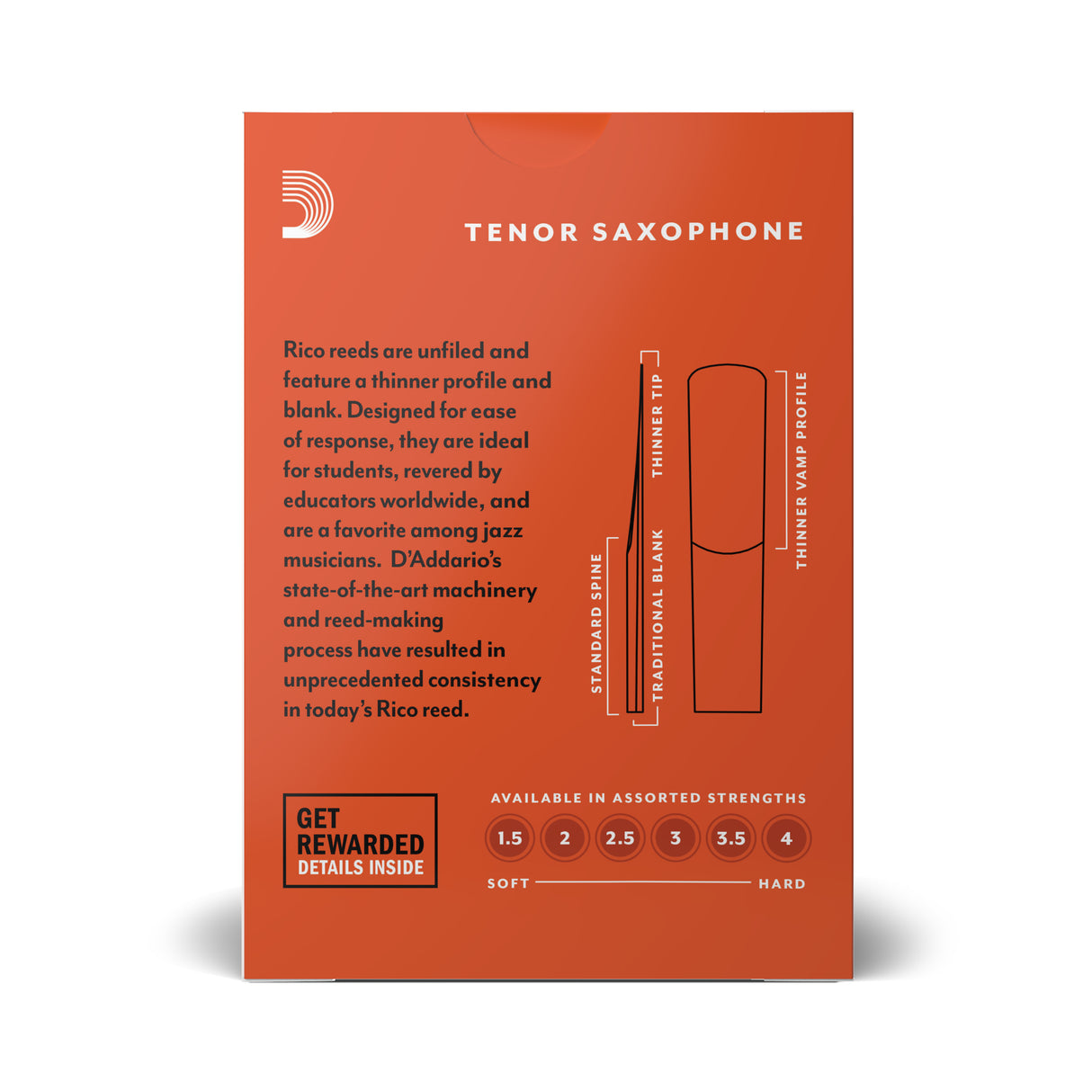Orange packaging for Rico tenor saxophone reeds with text and graphics on a white background