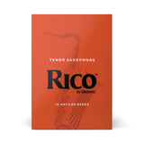 Packaging for Rico by D'Addario Tenor Saxophone reeds. The package is colored orange with the brand name prominently displayed, and it indicates that it contains 10 unfiled reeds for tenor saxophones.