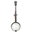 The image shows a 5-string banjo with a circular body featuring a white drumhead, a long neck with a dark fingerboard and fret markers, and a decorative headstock with tuning pegs and a star design. Multiple strings run from the headstock to the rimmed body. This string instrument, common in folk and bluegrass music, produces a bright, percussive sound distinct from guitars due to its drumhead construction.