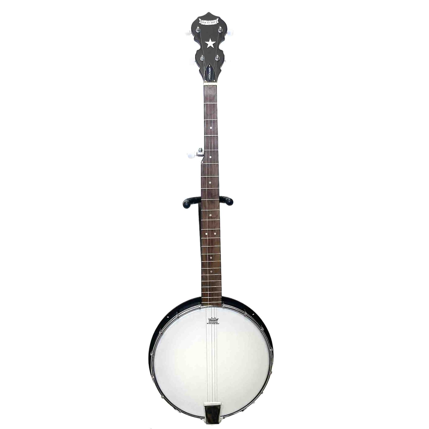 The image shows a 5-string banjo with a circular body featuring a white drumhead, a long neck with a dark fingerboard and fret markers, and a decorative headstock with tuning pegs and a star design. Multiple strings run from the headstock to the rimmed body. This string instrument, common in folk and bluegrass music, produces a bright, percussive sound distinct from guitars due to its drumhead construction.