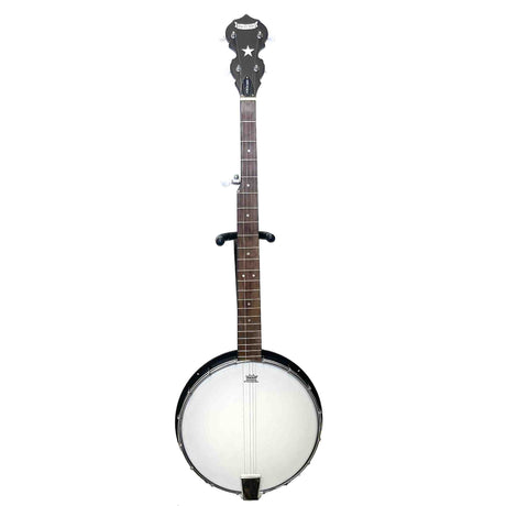 The image shows a 5-string banjo with a circular body featuring a white drumhead, a long neck with a dark fingerboard and fret markers, and a decorative headstock with tuning pegs and a star design. Multiple strings run from the headstock to the rimmed body. This string instrument, common in folk and bluegrass music, produces a bright, percussive sound distinct from guitars due to its drumhead construction.