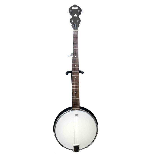 The image shows a 5-string banjo with a circular body featuring a white drumhead, a long neck with a dark fingerboard and fret markers, and a decorative headstock with tuning pegs and a star design. Multiple strings run from the headstock to the rimmed body. This string instrument, common in folk and bluegrass music, produces a bright, percussive sound distinct from guitars due to its drumhead construction.