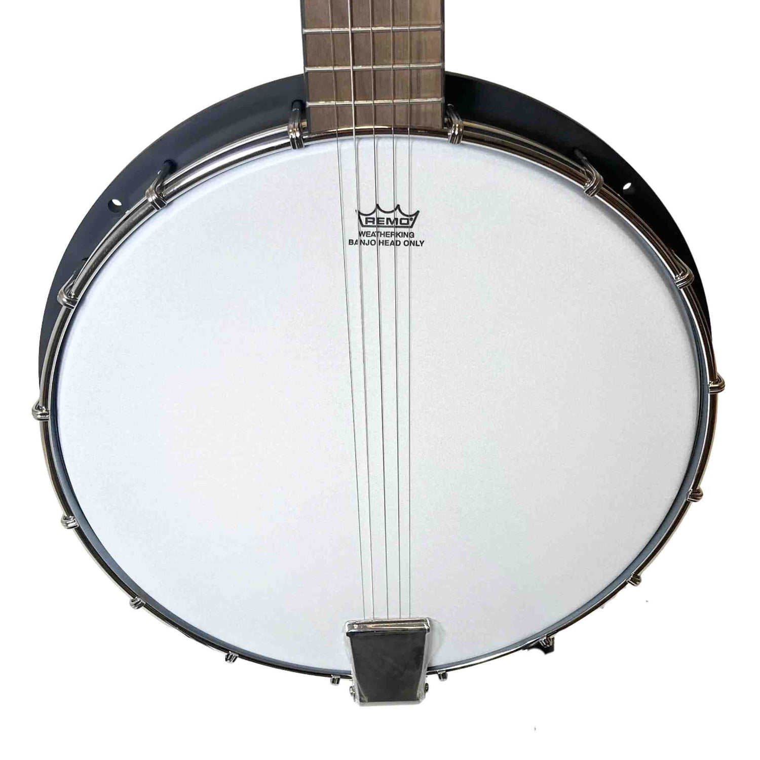 The image shows a banjo viewed from above, featuring a circular body with a white Remo Weatherking drumhead. It has a wooden neck with 4-5 strings, frets, a metal rim, tension rods around the body, and a tailpiece anchoring the strings. This string instrument combines elements of percussion and is commonly used in folk, bluegrass, country, and traditional American music.