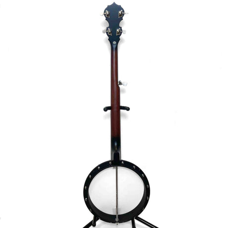 The image shows a banjo with a circular body and white drumhead stretched over a metal rim. It has four tuning pegs on a reddish-brown wooden neck with chrome-plated machines, a tailpiece, tension brackets, and a bridge on the drumhead. The banjo is shown from the back against a white background. This traditional acoustic instrument is commonly used in folk, bluegrass, and country music, known for its bright, percussive tone.