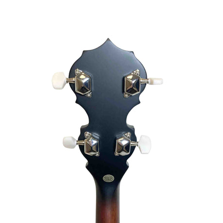 The image shows the back of a banjo headstock with four chrome-plated tuning pegs featuring white plastic buttons. The headstock has a curved, ornate shape with a blue-green finish, attached to a natural wood neck. Visible hardware includes hexagonal tuning machines and a small oval label reading "MADE IN." The quality hardware and design suggest a professional or semi-pro tenor or plectrum banjo.