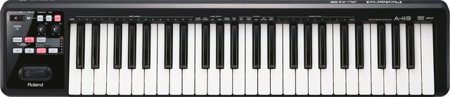 The image shows a Roland A-49 MIDI keyboard controller with 49 standard piano keys and a black casing. It features a control panel on the left with a power button, transport controls (play, stop, record), various parameter buttons, and a small display. Designed for music production, it controls software instruments and DAWs, making it popular for studio and live use due to its compact, portable design.