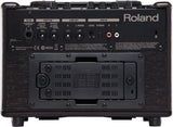 The image shows the back panel of a Roland N225 guitar amplifier with power (DC IN), footswitch (FOOT SW), line out, and stereo RCA AUX IN connections. It includes controls for L/MONO, LEVEL, and STEREO settings, ventilation grilles, regulatory markings, and a serial number field. Designed for practice or small performances, it supports external audio input and remote footswitch control.