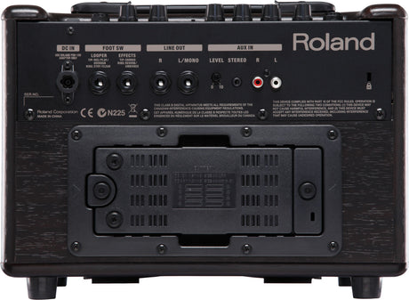 The image shows the back panel of a Roland N225 guitar amplifier with power (DC IN), footswitch (FOOT SW), line out, and stereo RCA AUX IN connections. It includes controls for L/MONO, LEVEL, and STEREO settings, ventilation grilles, regulatory markings, and a serial number field. Designed for practice or small performances, it supports external audio input and remote footswitch control.