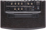 The image shows an Acoustic Chorus AC-33 amplifier designed for acoustic guitars and instruments. It features two input channels: a guitar channel with Volume, Bass, Middle, Treble, and Chorus controls, and a Mic/Line channel with Volume, Bass, Treble, Chorus, and an XLR input. Key features include built-in chorus and reverb effects, anti-feedback control, a looper with Record/Play/Overdub/Stop, master volume, headphone output, and a power switch.