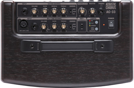 The image shows an Acoustic Chorus AC-33 amplifier designed for acoustic guitars and instruments. It features two input channels: a guitar channel with Volume, Bass, Middle, Treble, and Chorus controls, and a Mic/Line channel with Volume, Bass, Treble, Chorus, and an XLR input. Key features include built-in chorus and reverb effects, anti-feedback control, a looper with Record/Play/Overdub/Stop, master volume, headphone output, and a power switch.