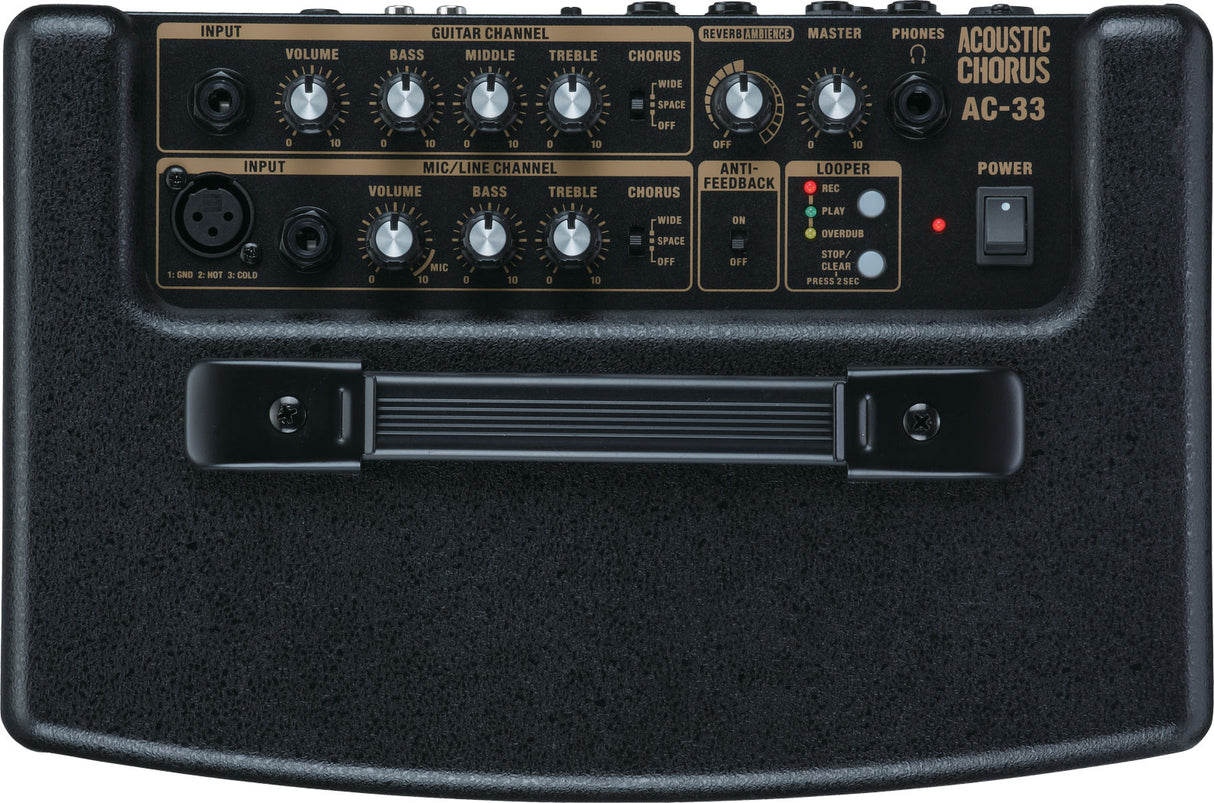 The image shows an Acoustic Chorus AC-33 portable amplifier designed for acoustic guitars and instruments. It features dual channels with 1/4" guitar and XLR mic inputs, individual volume and tone controls, chorus and reverb effects, built-in looper, anti-feedback, master volume, and headphone output. Its compact design includes a carrying handle, ideal for solo acoustic performances.