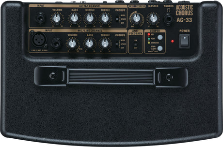 The image shows an Acoustic Chorus AC-33 portable amplifier designed for acoustic guitars and instruments. It features dual channels with 1/4" guitar and XLR mic inputs, individual volume and tone controls, chorus and reverb effects, built-in looper, anti-feedback, master volume, and headphone output. Its compact design includes a carrying handle, ideal for solo acoustic performances.