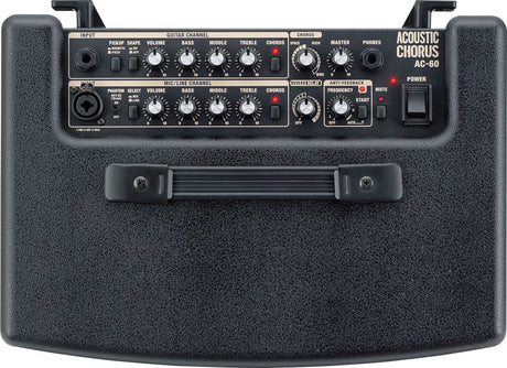 The image shows an Acoustic Chorus AC-60 guitar amplifier designed for acoustic instruments. It features two input channels: guitar and mic/line, both with volume, bass, middle, treble, and chorus controls. Additional features include built-in chorus, reverb/delay, anti-feedback, master volume, headphone output, and phantom power. It has a compact, dark gray/black textured design with multiple knobs and input jacks.
