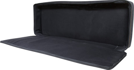 The image shows a black soft case or gig bag for a keyboard or synthesizer. It has a padded interior, a zippered closure, and is made of durable fabric, likely nylon or polyester. Designed for protecting portable electronic keyboards during transport, it offers lightweight, padded protection from dust, moisture, and minor impacts, making it ideal for musicians on the go.