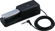 The image shows a Roland sustain pedal for electronic keyboards and digital pianos. It has a black plastic base, a silver metal foot pedal, and an attached cable with a 1/4" connector. This pedal replicates the acoustic piano’s sustain function, allowing notes to ring after keys are released, enhancing musical expression and performance.