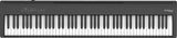 The image shows a Roland FP-30X digital piano with a full 88-key weighted keyboard in a sleek black case. The Roland logo is visible in the top right corner, with control lights on the top panel above the keys. Known for its realistic piano sound and feel, this portable model suits beginners and experienced players alike, featuring multiple voices, connectivity options, and a minimalist professional design.