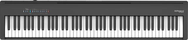 The image shows a Roland FP-30X digital piano with a full 88-key weighted keyboard in a sleek black case. The Roland logo is visible in the top right corner, with control lights on the top panel above the keys. Known for its realistic piano sound and feel, this portable model suits beginners and experienced players alike, featuring multiple voices, connectivity options, and a minimalist professional design.