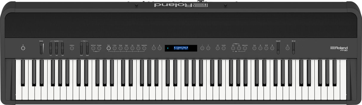 The image shows a Roland digital piano with 88 full-size weighted keys, simulating an acoustic piano feel. It features a sleek black finish, a control panel with buttons, sliders, and a small LCD display for sound selection and adjustments. Roland branding is visible in the top right corner. This versatile instrument is popular with pianists and producers for its authentic touch and digital functionality.