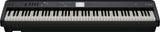The image shows a Roland digital piano with 88 full-size black and white keys in a sleek black casing. The Roland logo is visible on the upper right. Above the keys is a control panel with various buttons and a small LCD screen for selecting sounds, adjusting settings, and accessing functions. This professional-level instrument is suitable for home use and performances.
