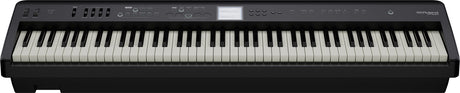 The image shows a Roland digital piano with 88 full-size black and white keys in a sleek black casing. The Roland logo is visible on the upper right. Above the keys is a control panel with various buttons and a small LCD screen for selecting sounds, adjusting settings, and accessing functions. This professional-level instrument is suitable for home use and performances.