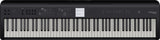 The image shows a Roland digital piano with classic black and white keys in a standard layout. Above the keys is a control panel featuring buttons, sliders, and a small central display screen. The Roland logo is visible in the top right corner. This digital piano replicates an acoustic piano’s feel and sound while offering additional features like multiple instrument voices, recording options, and sound effects.