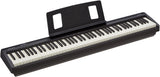 The image shows a sleek, black Roland digital piano with 88 full-sized keys in a traditional layout. It features a built-in music stand, a small control panel on the left, and the Roland logo. Designed with a minimalist, professional look, this portable digital piano is ideal for musicians seeking the feel of an acoustic piano with digital versatility for both practice and performance.