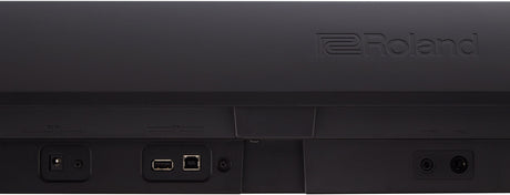 The image shows part of a Roland electronic instrument with the brand name embossed on a dark panel. Below are several connection ports, including a power input, USB-A and USB-B ports, and audio outputs like a headphone jack and 1/4" output. This is likely the side or rear panel of a digital piano, keyboard, synthesizer, or drum module, featuring multiple connections for computer and audio system integration.
