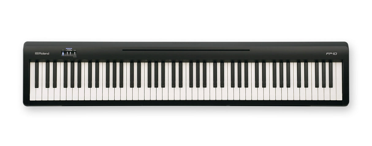 The image shows a Roland FP-10 digital piano with 88 full-size keys in a sleek black casing. The Roland logo is on the left and the FP-10 model name on the right. It features a minimalist control panel on the upper left and a compact, portable design without visible built-in speakers. This entry-level digital piano offers weighted keys and quality sounds, ideal for students, home use, and performers seeking an accessible, professional instrument.