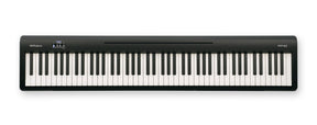 The image shows a Roland FP-10 digital piano with 88 full-size keys in a sleek black casing. The Roland logo is on the left and the FP-10 model name on the right. It features a minimalist control panel on the upper left and a compact, portable design without visible built-in speakers. This entry-level digital piano offers weighted keys and quality sounds, ideal for students, home use, and performers seeking an accessible, professional instrument.