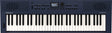 The image shows a Roland GO:KEYS 3 electronic keyboard with a 61-key piano-style layout in a dark blue body. It features built-in speakers on both sides, a small central LCD screen, multiple control knobs and buttons for sound and rhythm settings, and volume controls. The Roland logo is on the left, with the GO:KEYS 3 model name on the right. This portable keyboard is designed for beginners and casual players.