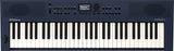 The image shows a Roland GO:KEYS 3 electronic keyboard with a 61-key piano-style layout in a dark blue body. It features built-in speakers on both sides, a small central LCD screen, multiple control knobs and buttons for sound and rhythm settings, and volume controls. The Roland logo is on the left, with the GO:KEYS 3 model name on the right. This portable keyboard is designed for beginners and casual players.