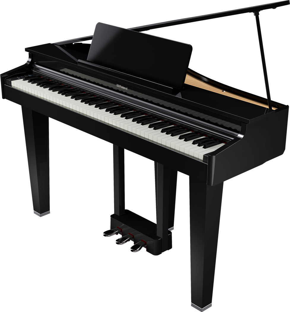 The image shows a sleek black Roland digital grand piano with a classic curved body and raised lid. It features a full 88-key keyboard, three pedals, four sturdy legs, and an adjustable music stand with the Roland logo. This digital grand combines the look and feel of an acoustic grand piano with modern technology, offering versatility and low maintenance in a stylish design.